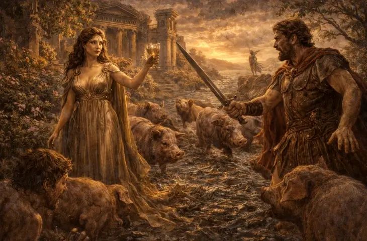 Odysseus’un büyücü Kirke ile karşılaşmasını betimleyen mitolojik sahne; Kirke elinde iksir tutarken çevresinde domuza dönüşmüş adamlar ve karşısında kılıcını çeken Odysseus görülüyor.